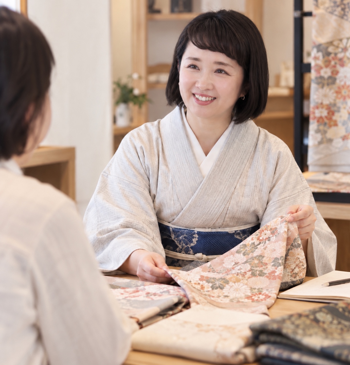 お客様の話を聞きながら着物を拝見する刑部優美帆