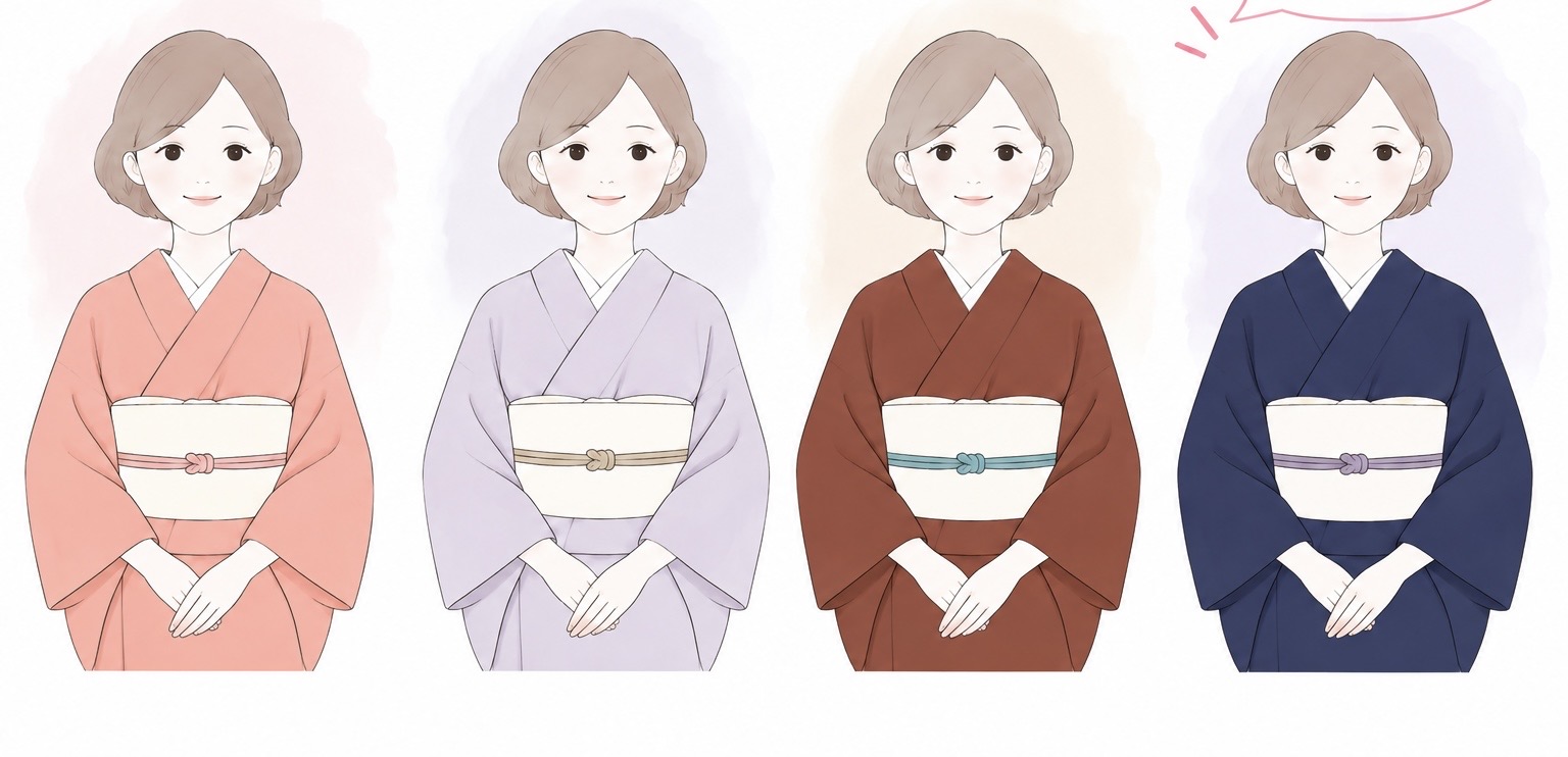 同じ女性が珊瑚色、淡い藤色、深い赤茶、紺の着物を着た比較イラスト