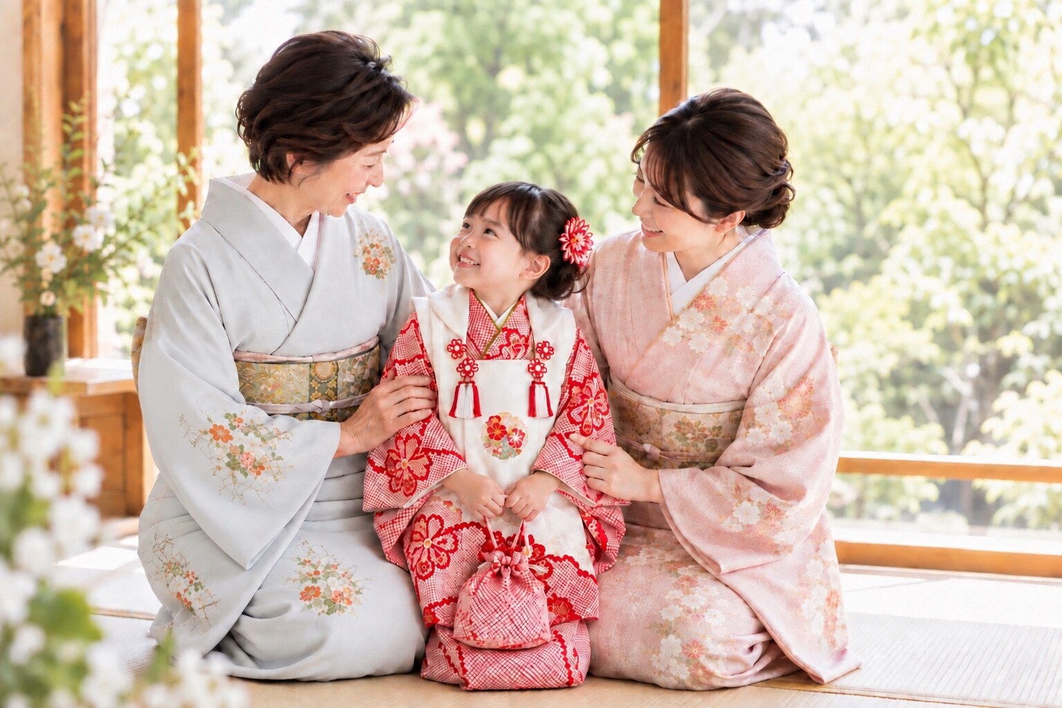 祖母、母、三歳の女の子が着物姿で微笑み合う様子